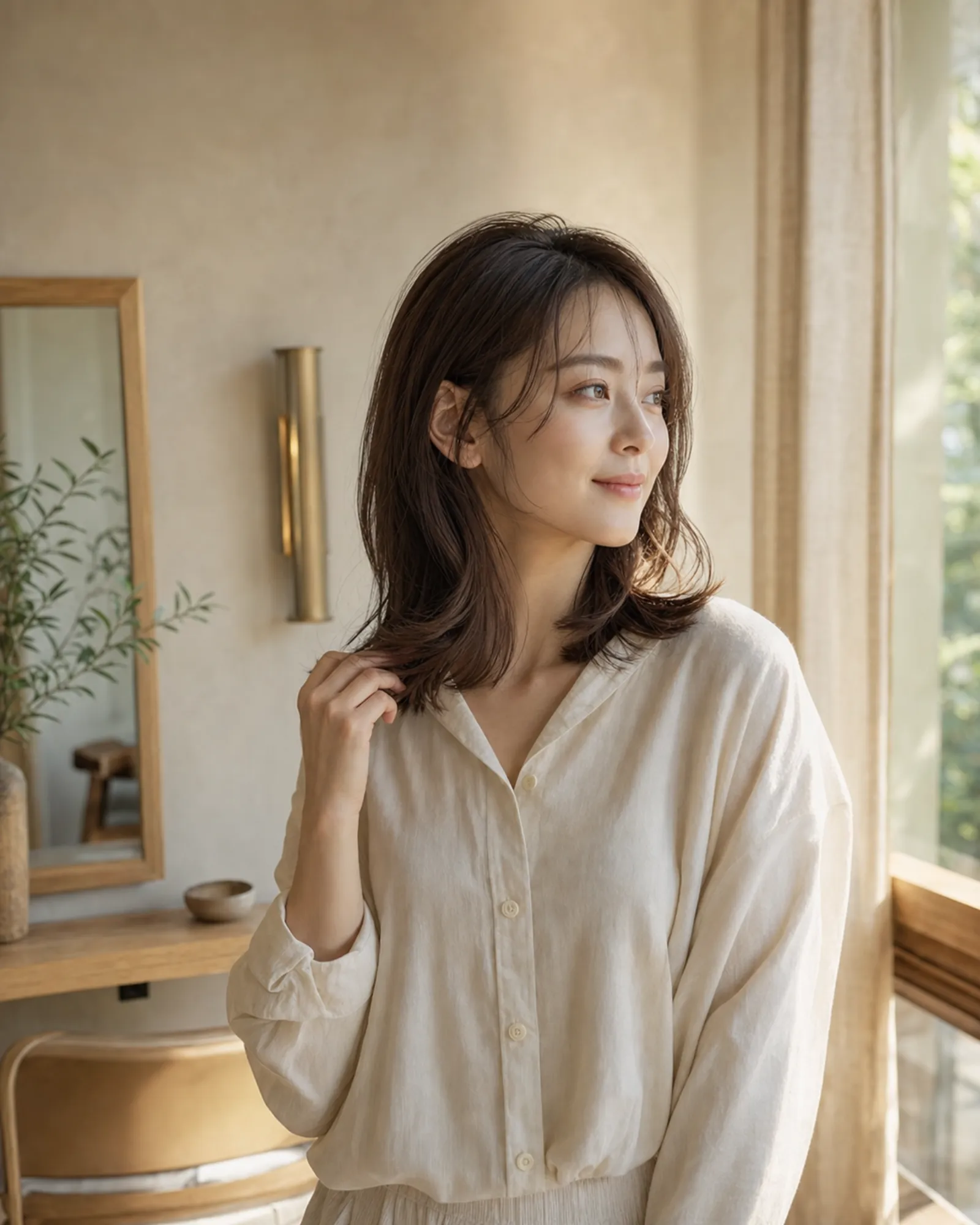 自然光の中で揺れる日本人女性のロングヘア