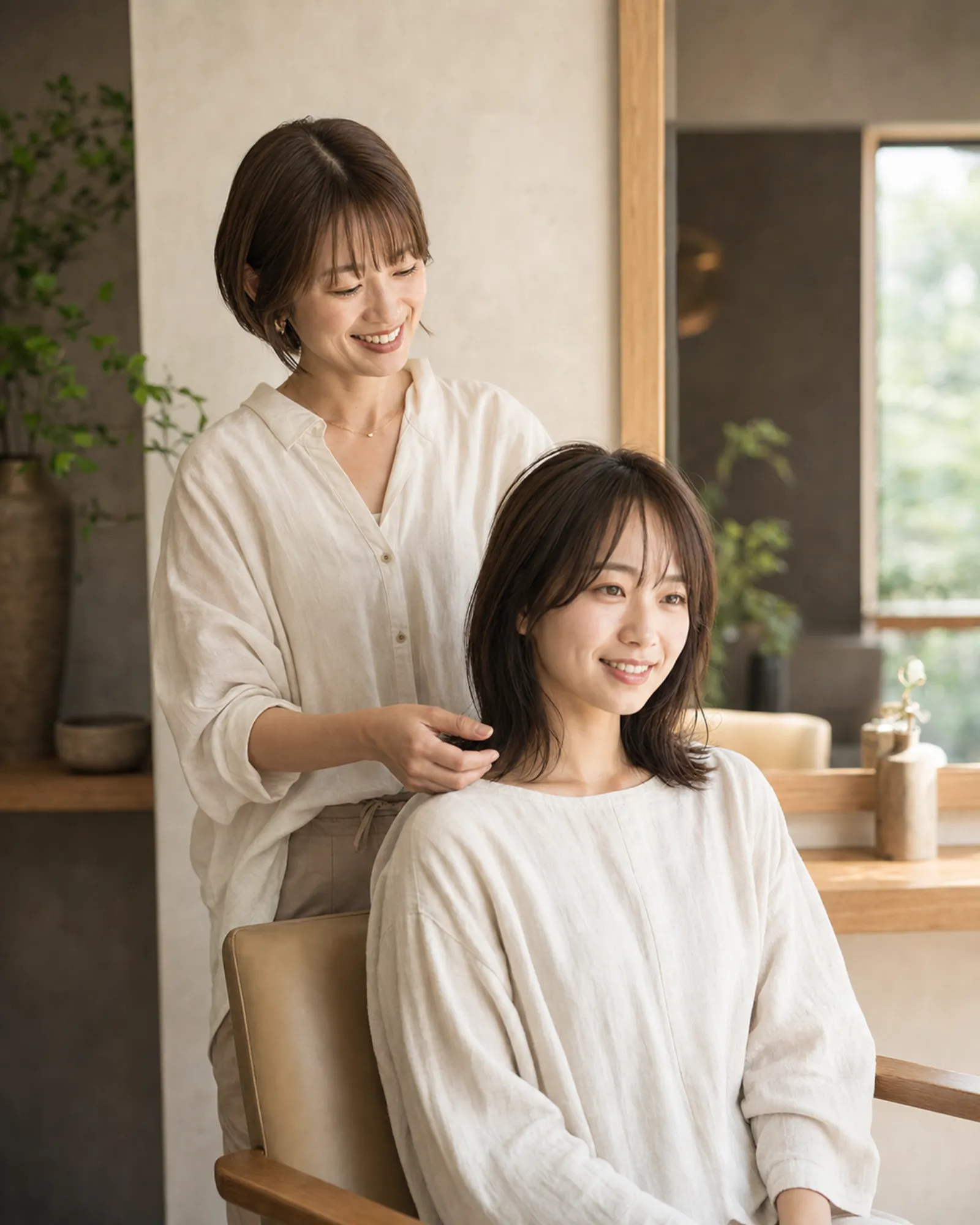日本人女性と美容師のカウンセリング