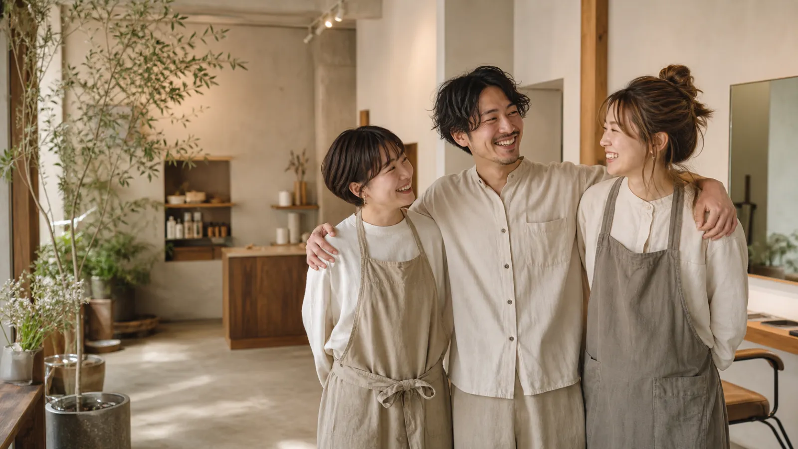 美容師のスタッフが肩を組んで笑っている様子