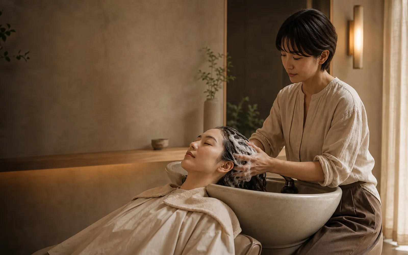 日本人女性の髪をシャンプーする美容師